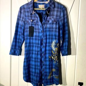 NWT Miss Me Plaid Flannel Embroidered Swing Dress